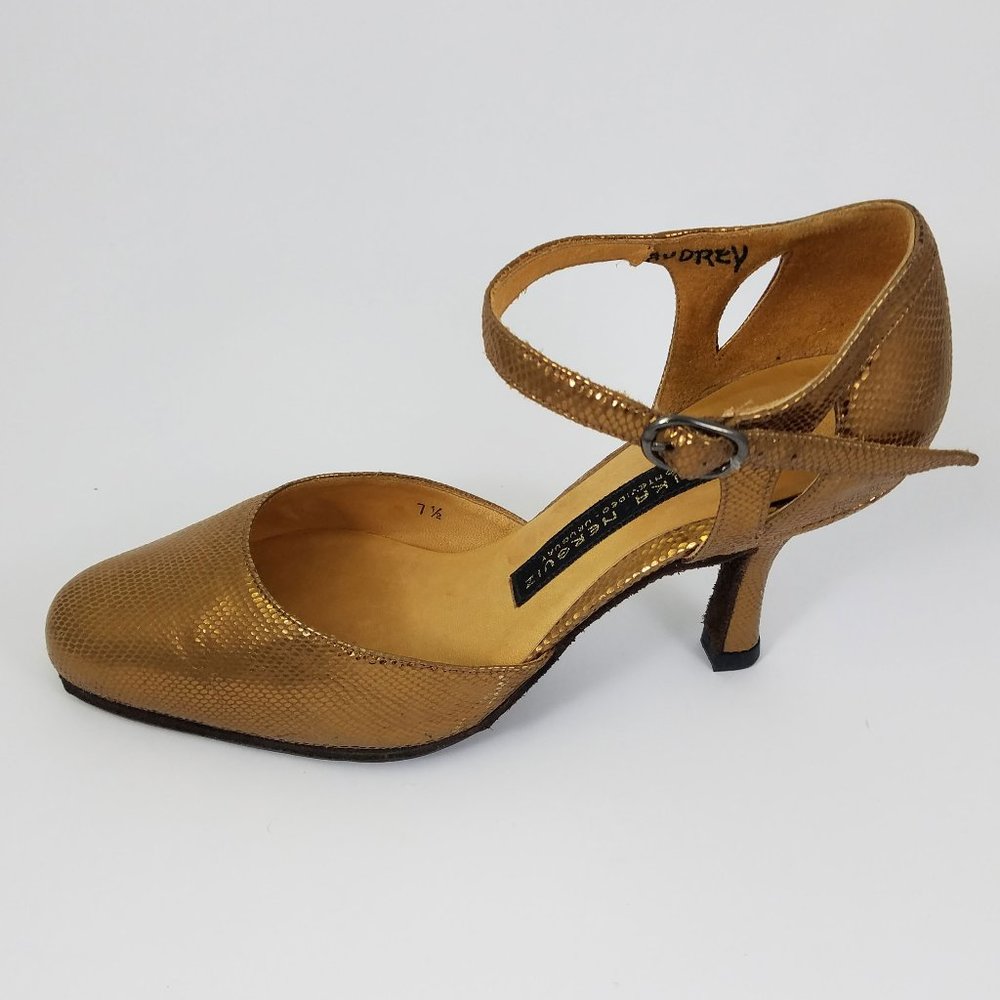 Arika Nerguiz 7.5/8 ankle strap gold leather dance /character shoes rubber soles - Picture 9 of 14